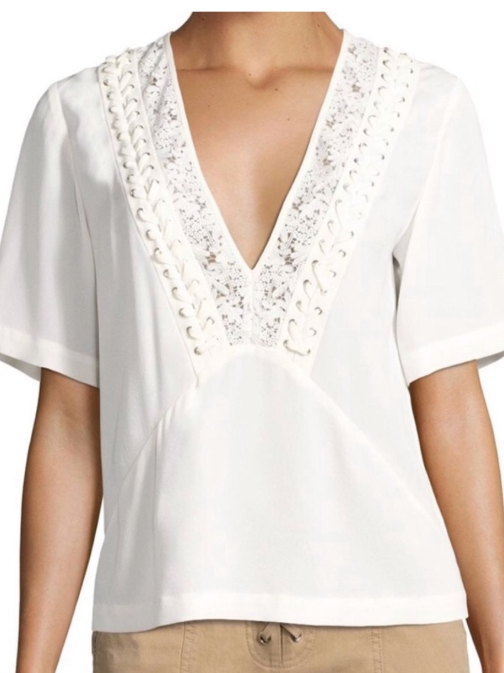 ALC silk White V-Neck Embellished Women's Top size 6 EUC